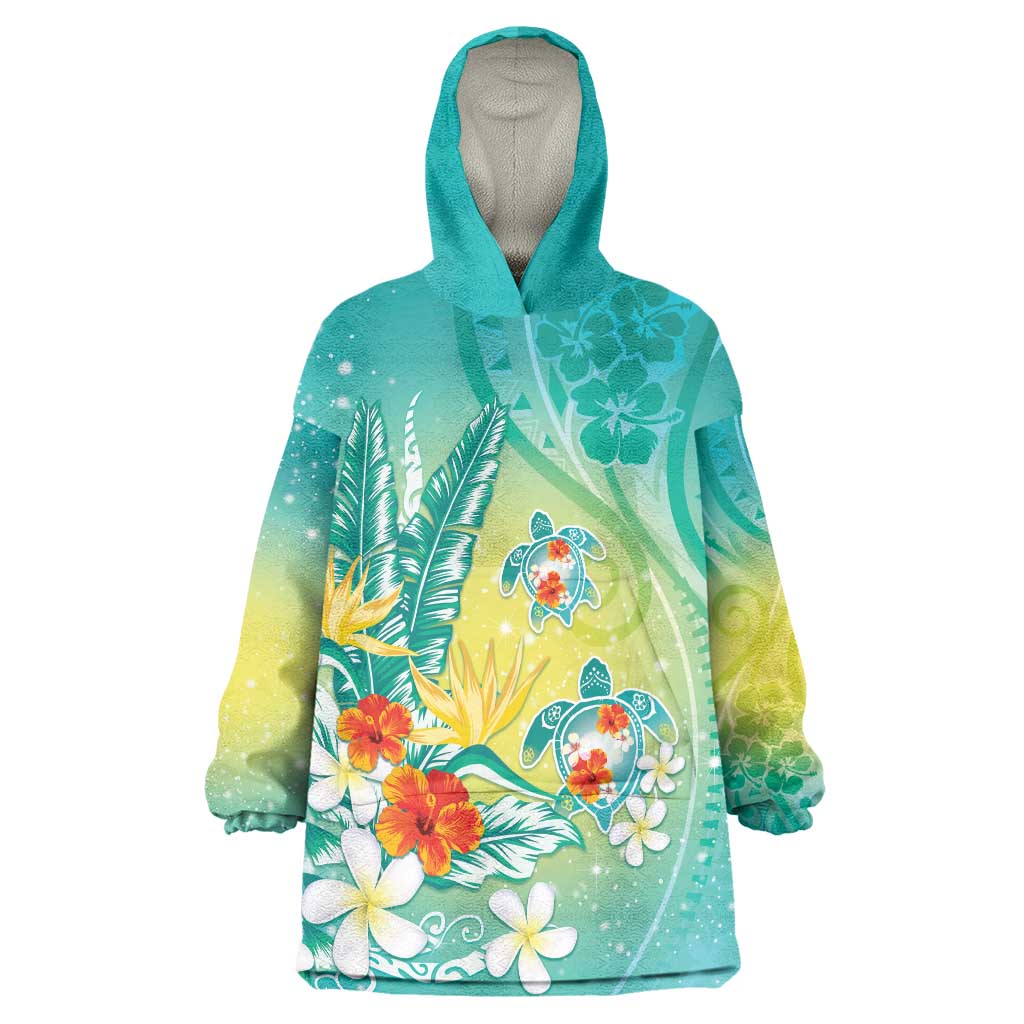 Hawaii Honu Wearable Blanket Hoodie Tropical Flowers Turquoise Gradient