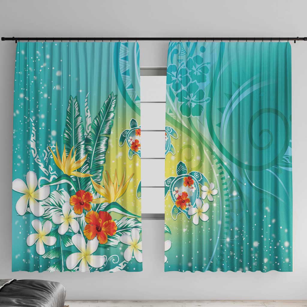 Hawaii Honu Window Curtain Tropical Flowers Turquoise Gradient