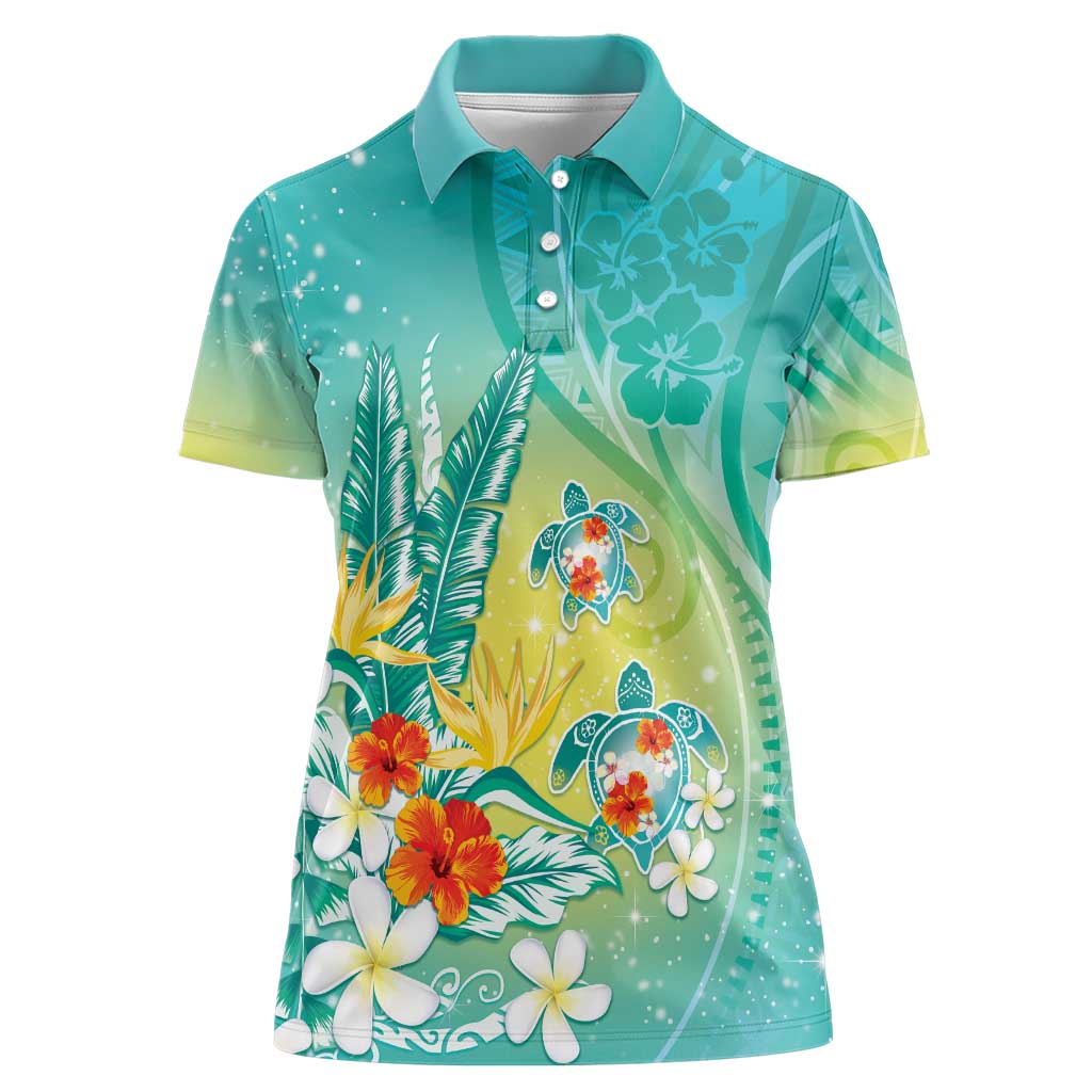 Hawaii Honu Women Polo Shirt Tropical Flowers Turquoise Gradient