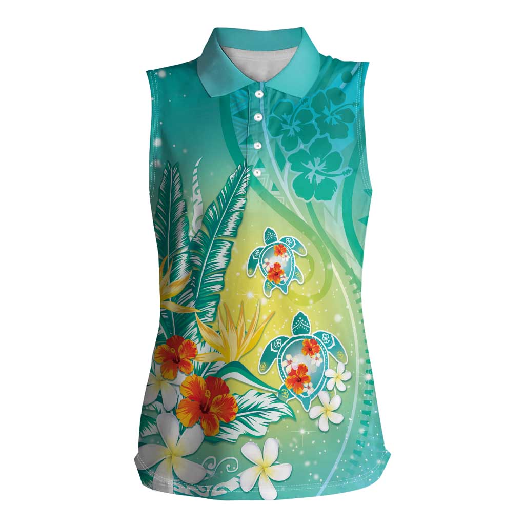 Hawaii Honu Women Sleeveless Polo Shirt Tropical Flowers Turquoise Gradient