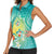 Hawaii Honu Women Sleeveless Polo Shirt Tropical Flowers Turquoise Gradient