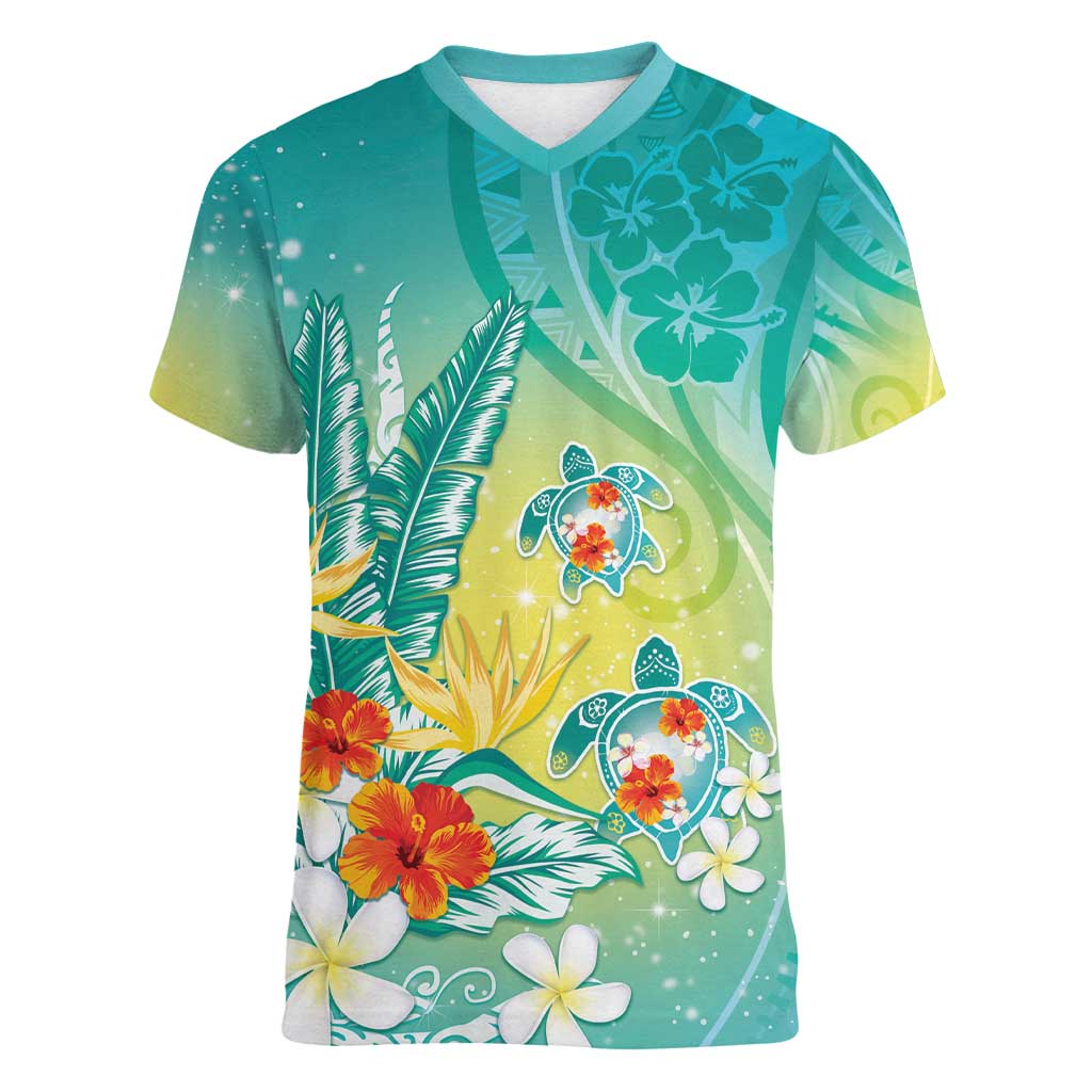 Hawaii Honu Women V-Neck T-Shirt Tropical Flowers Turquoise Gradient