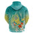 Hawaii Honu Zip Hoodie Tropical Flowers Turquoise Gradient