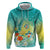 Hawaii Honu Zip Hoodie Tropical Flowers Turquoise Gradient