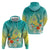 Hawaii Honu Zip Hoodie Tropical Flowers Turquoise Gradient