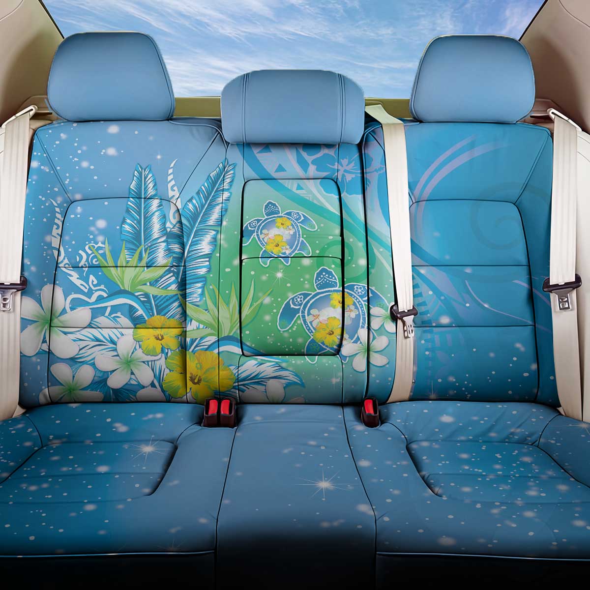 Hawaii Honu Back Car Seat Cover Tropical Flowers Blue Gradient