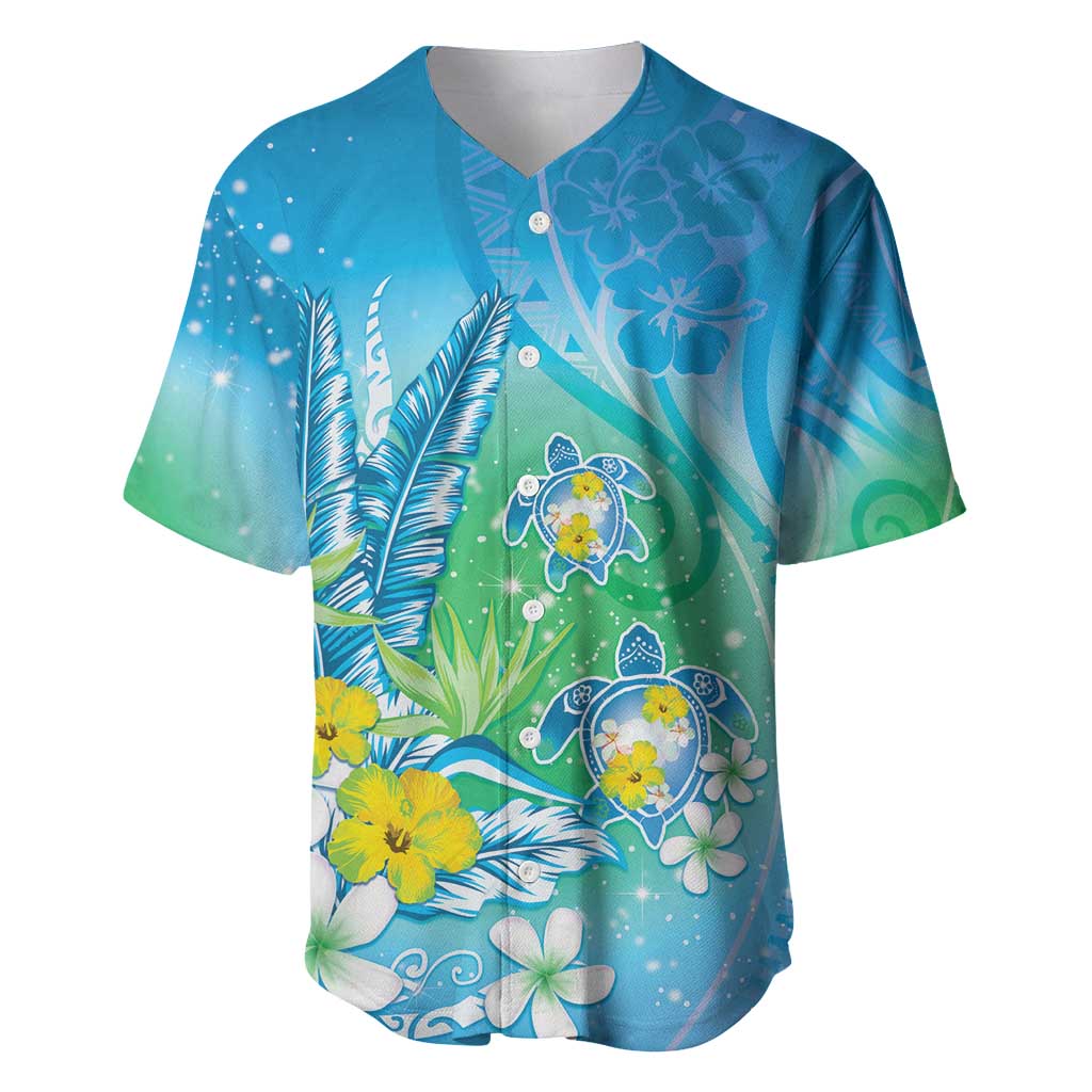 Hawaii Honu Baseball Jersey Tropical Flowers Blue Gradient