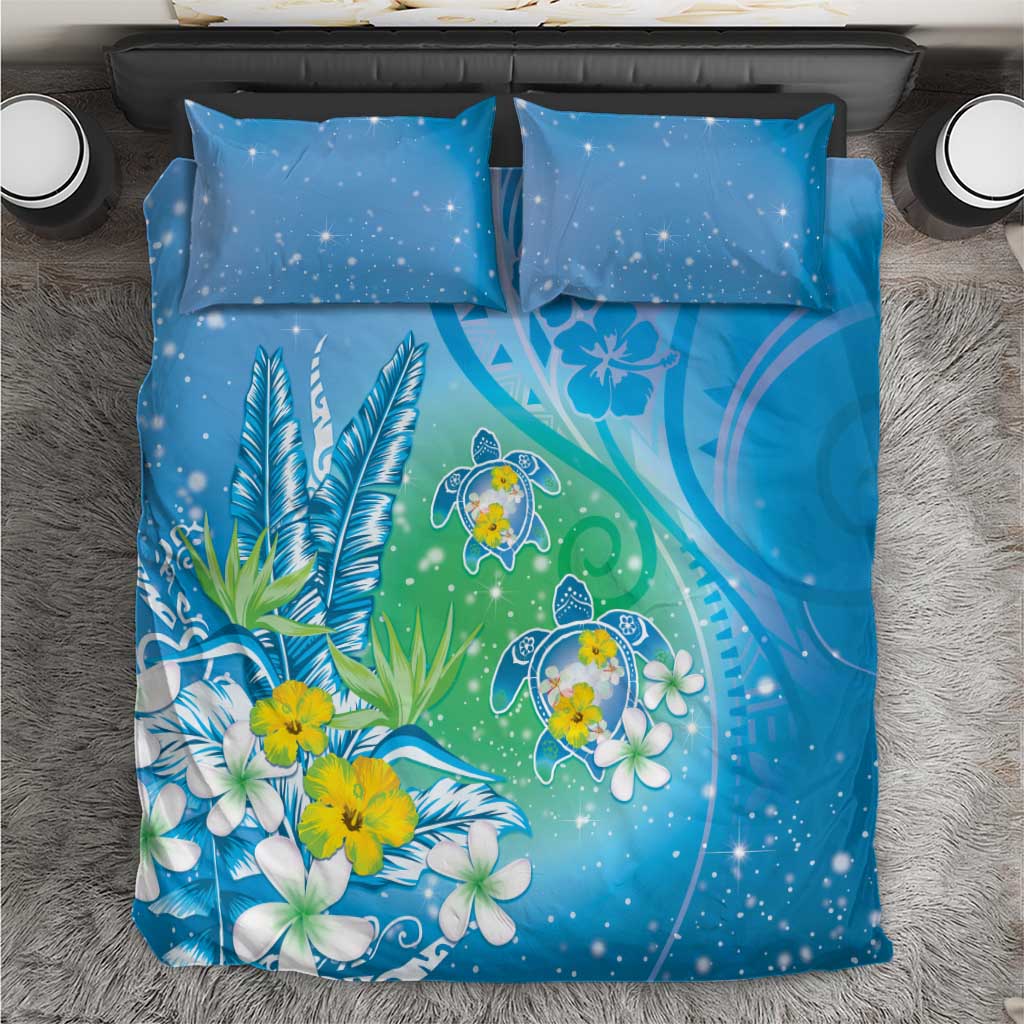 Hawaii Honu Bedding Set Tropical Flowers Blue Gradient