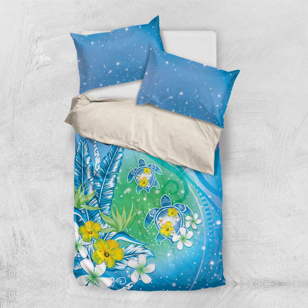 Hawaii Honu Bedding Set Tropical Flowers Blue Gradient