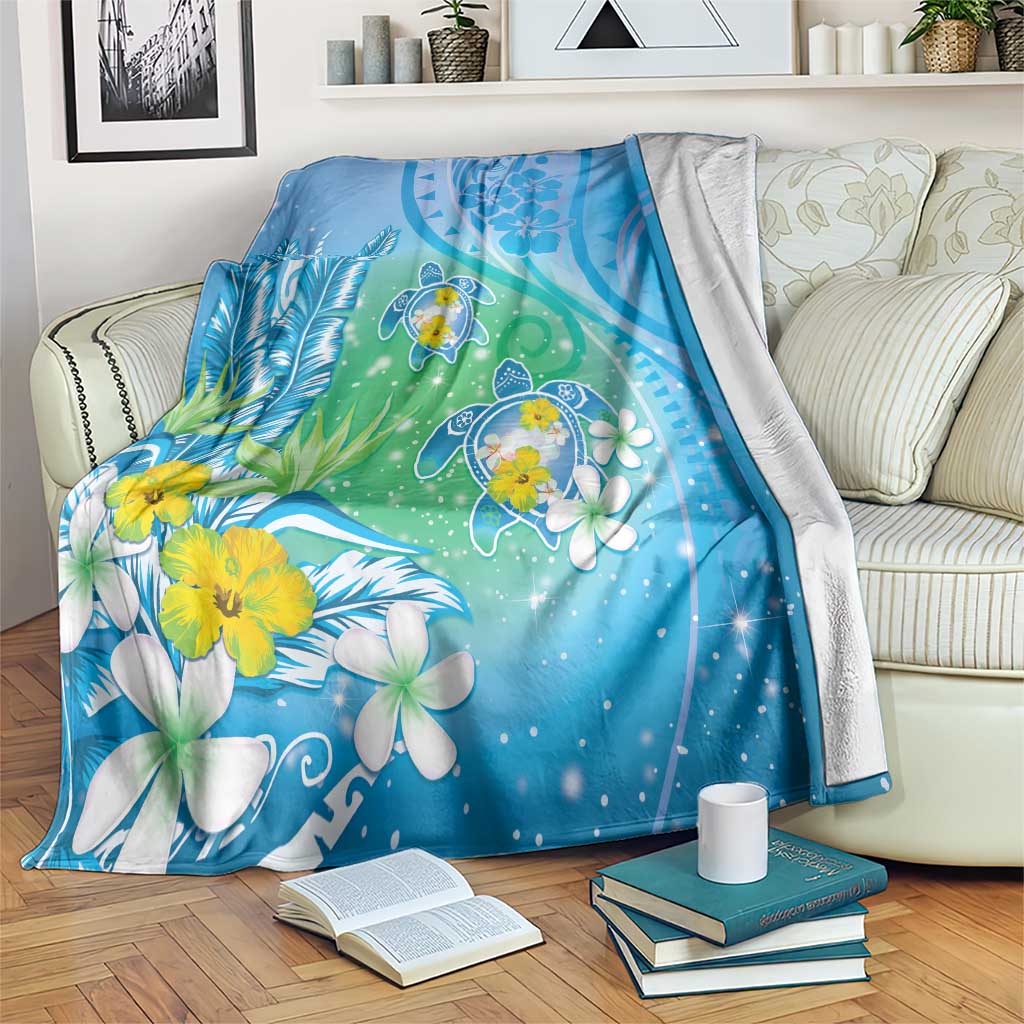 Hawaii Honu Blanket Tropical Flowers Blue Gradient