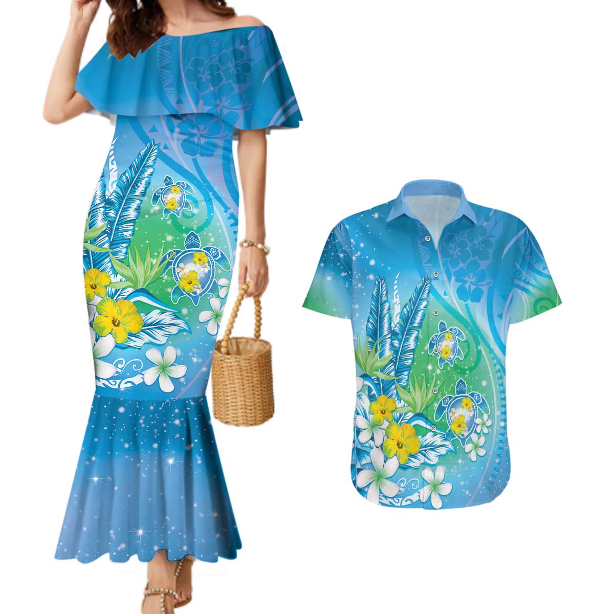 Hawaii Honu Couples Matching Mermaid Dress and Hawaiian Shirt Tropical Flowers Blue Gradient