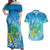 Hawaii Honu Couples Matching Off Shoulder Maxi Dress and Hawaiian Shirt Tropical Flowers Blue Gradient