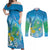 Hawaii Honu Couples Matching Off Shoulder Maxi Dress and Long Sleeve Button Shirt Tropical Flowers Blue Gradient