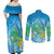 Hawaii Honu Couples Matching Off Shoulder Maxi Dress and Long Sleeve Button Shirt Tropical Flowers Blue Gradient