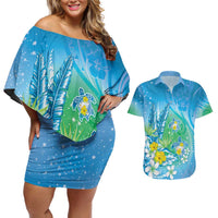 Hawaii Honu Couples Matching Off Shoulder Short Dress and Hawaiian Shirt Tropical Flowers Blue Gradient