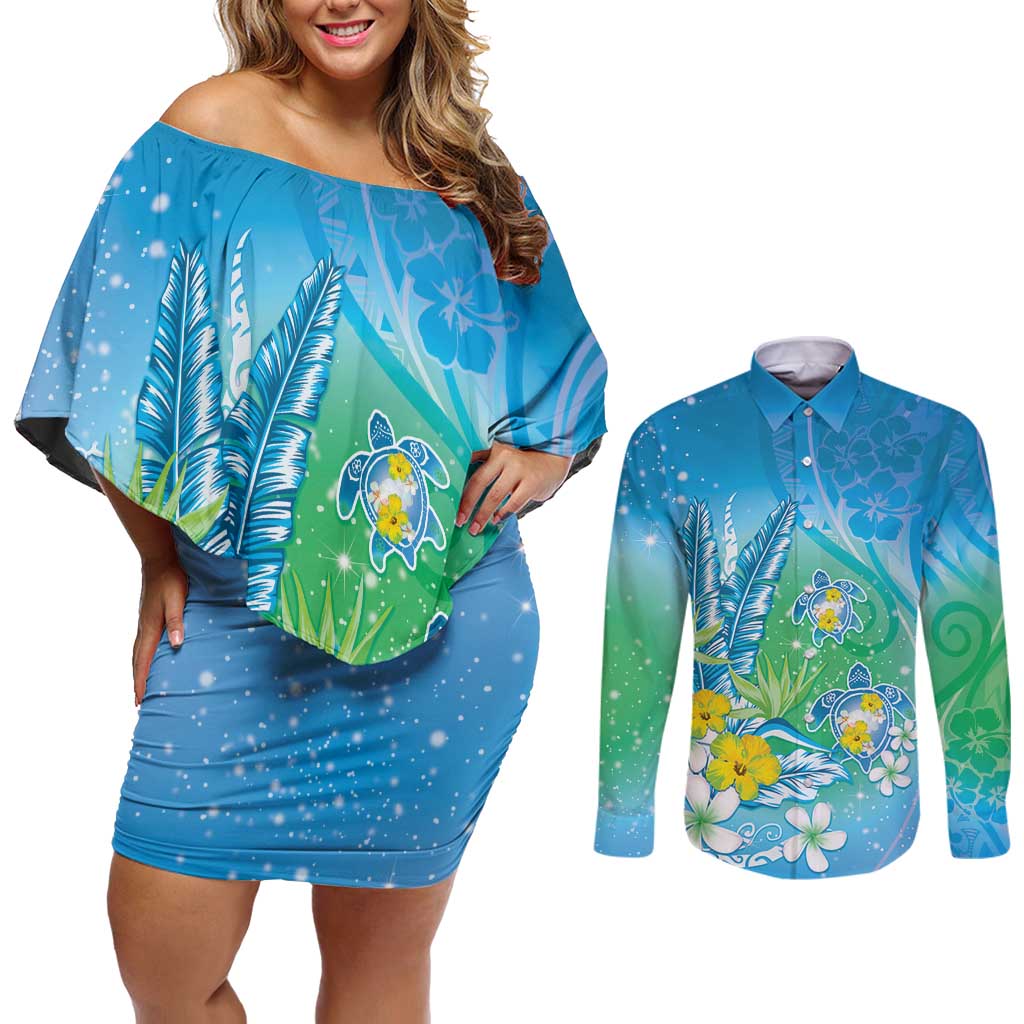 Hawaii Honu Couples Matching Off Shoulder Short Dress and Long Sleeve Button Shirt Tropical Flowers Blue Gradient