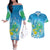 Hawaii Honu Couples Matching Off The Shoulder Long Sleeve Dress and Hawaiian Shirt Tropical Flowers Blue Gradient