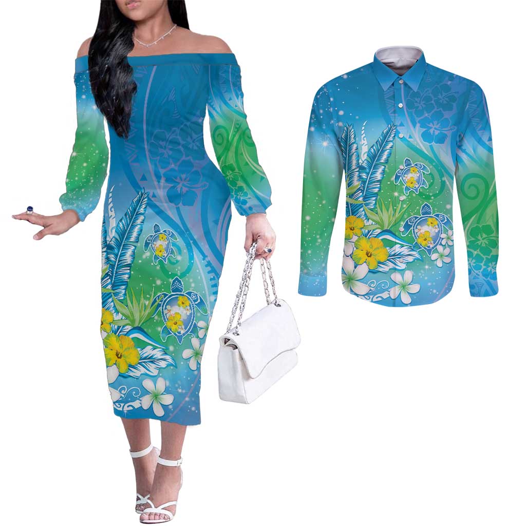 Hawaii Honu Couples Matching Off The Shoulder Long Sleeve Dress and Long Sleeve Button Shirt Tropical Flowers Blue Gradient