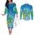 Hawaii Honu Couples Matching Off The Shoulder Long Sleeve Dress and Long Sleeve Button Shirt Tropical Flowers Blue Gradient