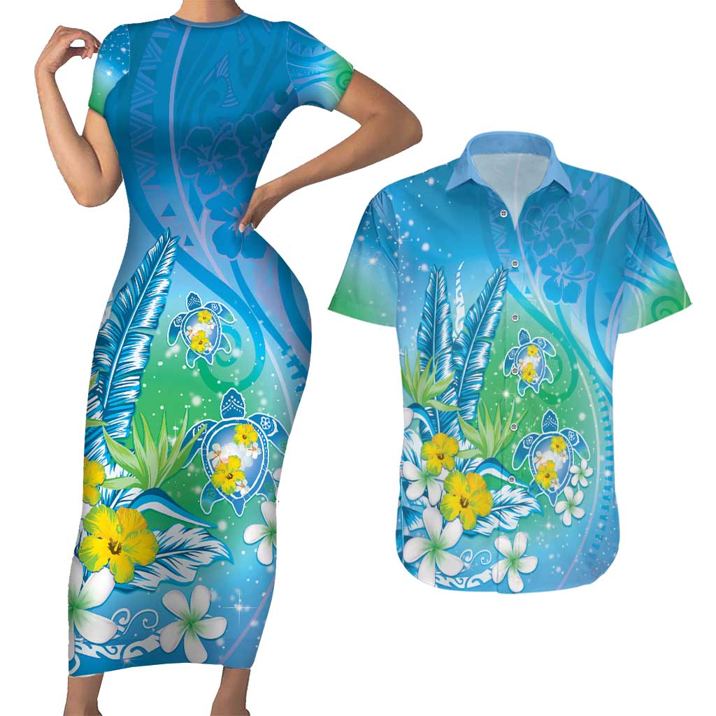 Hawaii Honu Couples Matching Short Sleeve Bodycon Dress and Hawaiian Shirt Tropical Flowers Blue Gradient