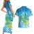 Hawaii Honu Couples Matching Short Sleeve Bodycon Dress and Hawaiian Shirt Tropical Flowers Blue Gradient