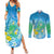 Hawaii Honu Couples Matching Summer Maxi Dress and Long Sleeve Button Shirt Tropical Flowers Blue Gradient