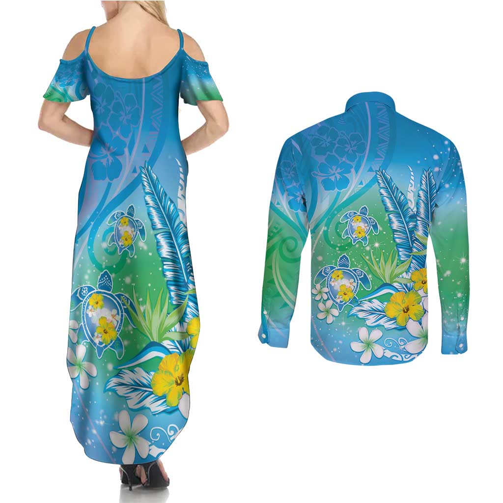 Hawaii Honu Couples Matching Summer Maxi Dress and Long Sleeve Button Shirt Tropical Flowers Blue Gradient