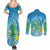 Hawaii Honu Couples Matching Summer Maxi Dress and Long Sleeve Button Shirt Tropical Flowers Blue Gradient