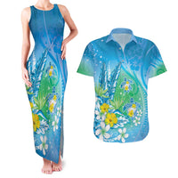 Hawaii Honu Couples Matching Tank Maxi Dress and Hawaiian Shirt Tropical Flowers Blue Gradient