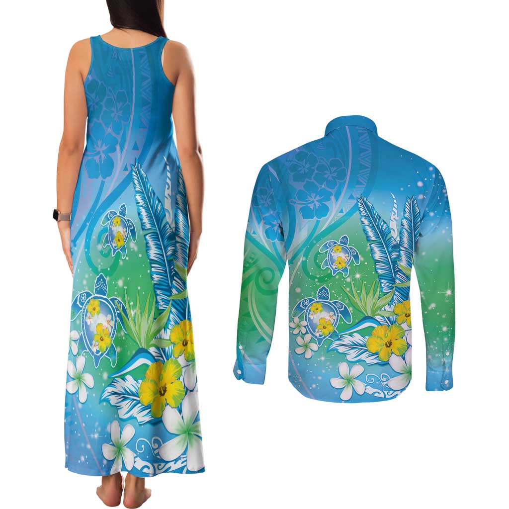 Hawaii Honu Couples Matching Tank Maxi Dress and Long Sleeve Button Shirt Tropical Flowers Blue Gradient