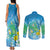 Hawaii Honu Couples Matching Tank Maxi Dress and Long Sleeve Button Shirt Tropical Flowers Blue Gradient