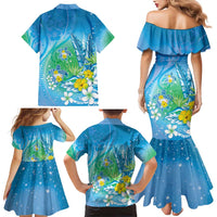 Hawaii Honu Family Matching Mermaid Dress and Hawaiian Shirt Tropical Flowers Blue Gradient