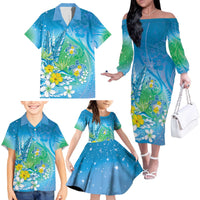 Hawaii Honu Family Matching Off The Shoulder Long Sleeve Dress and Hawaiian Shirt Tropical Flowers Blue Gradient