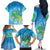 Hawaii Honu Family Matching Off The Shoulder Long Sleeve Dress and Hawaiian Shirt Tropical Flowers Blue Gradient