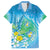 Hawaii Honu Family Matching Off The Shoulder Long Sleeve Dress and Hawaiian Shirt Tropical Flowers Blue Gradient