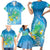 Hawaii Honu Family Matching Short Sleeve Bodycon Dress and Hawaiian Shirt Tropical Flowers Blue Gradient