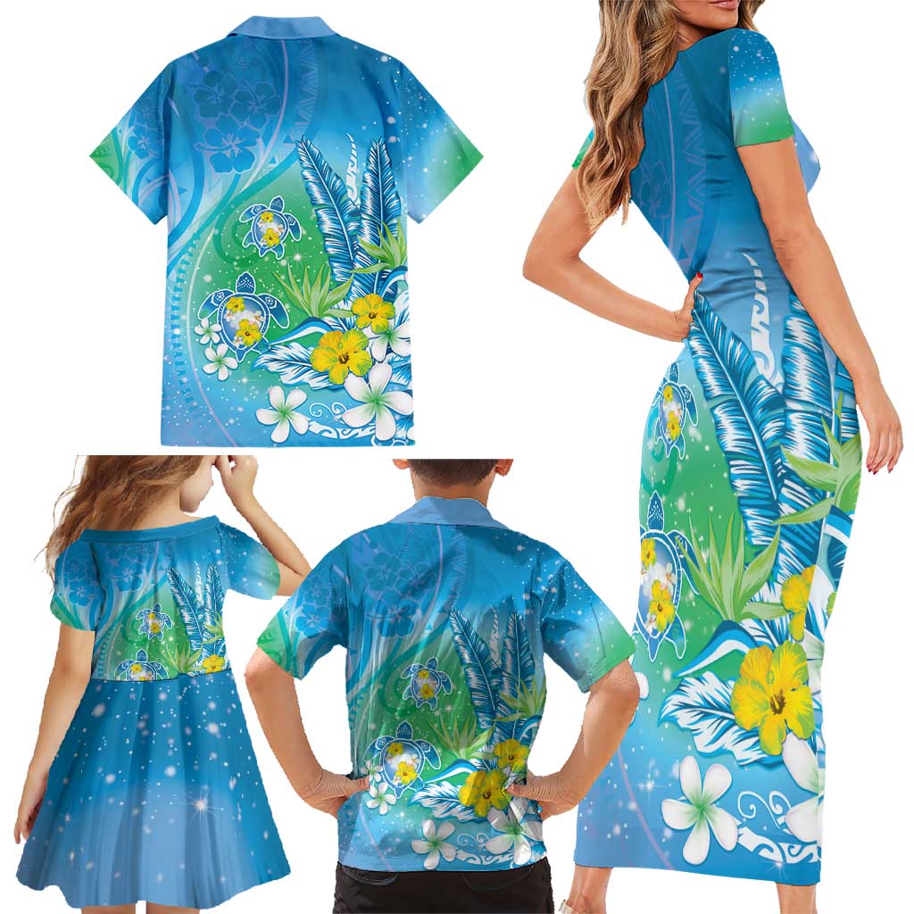 Hawaii Honu Family Matching Short Sleeve Bodycon Dress and Hawaiian Shirt Tropical Flowers Blue Gradient