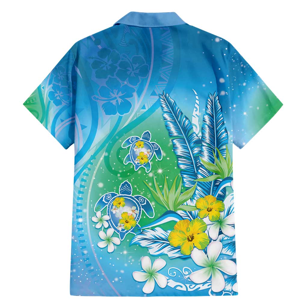 Hawaii Honu Family Matching Short Sleeve Bodycon Dress and Hawaiian Shirt Tropical Flowers Blue Gradient