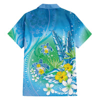 Hawaii Honu Family Matching Short Sleeve Bodycon Dress and Hawaiian Shirt Tropical Flowers Blue Gradient