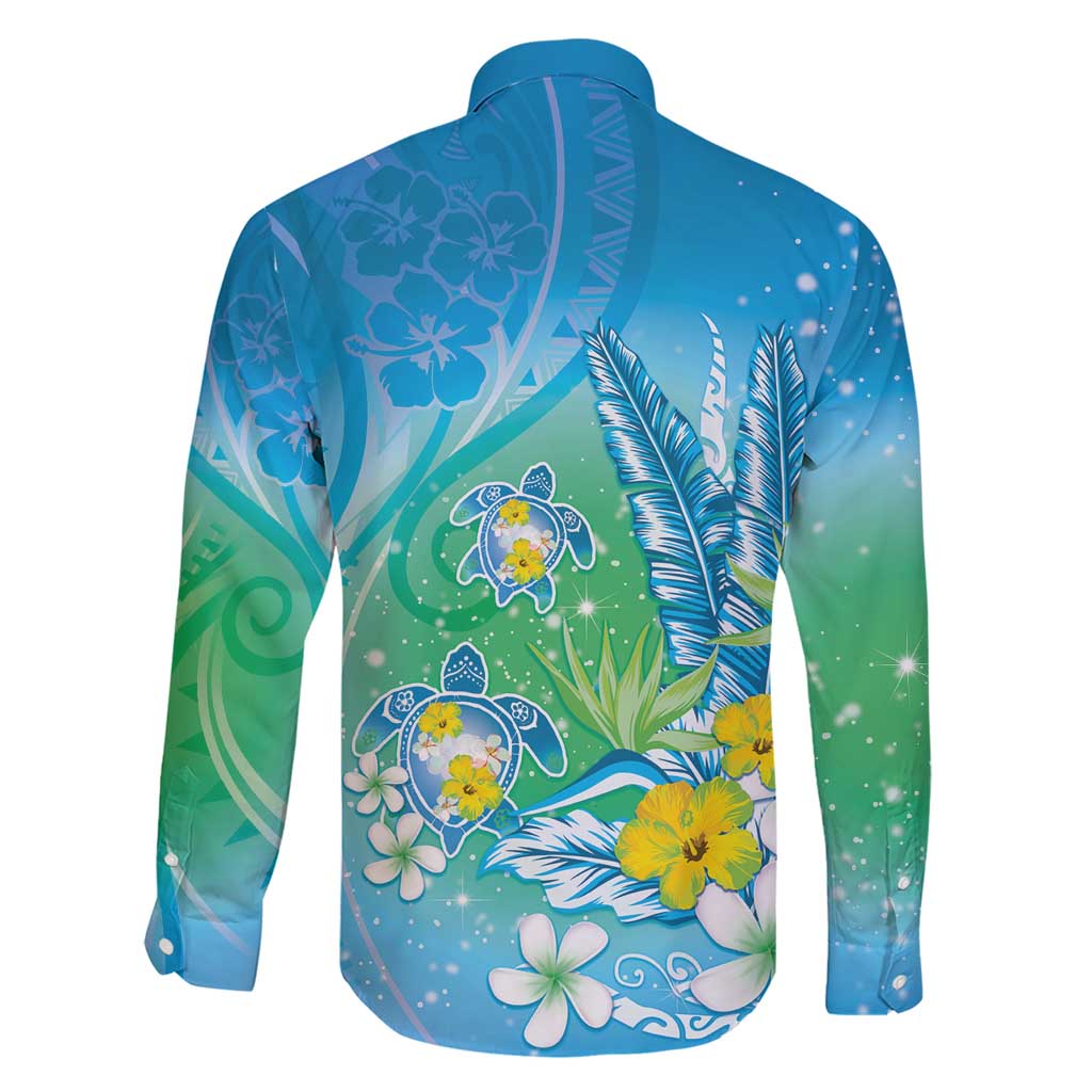 Hawaii Honu Family Matching Short Sleeve Bodycon Dress and Hawaiian Shirt Tropical Flowers Blue Gradient