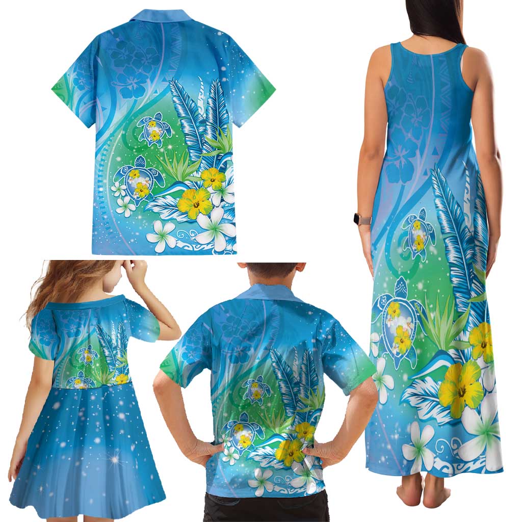 Hawaii Honu Family Matching Tank Maxi Dress and Hawaiian Shirt Tropical Flowers Blue Gradient