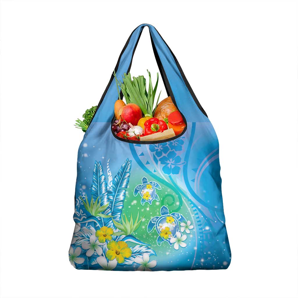 Hawaii Honu Grocery Bag Tropical Flowers Blue Gradient