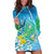 Hawaii Honu Hoodie Dress Tropical Flowers Blue Gradient