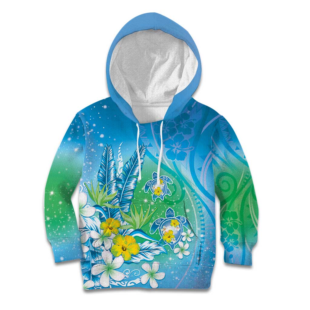 Hawaii Honu Kid Hoodie Tropical Flowers Blue Gradient