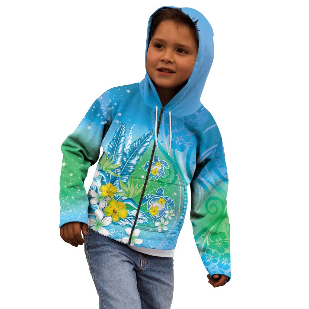 Hawaii Honu Kid Hoodie Tropical Flowers Blue Gradient