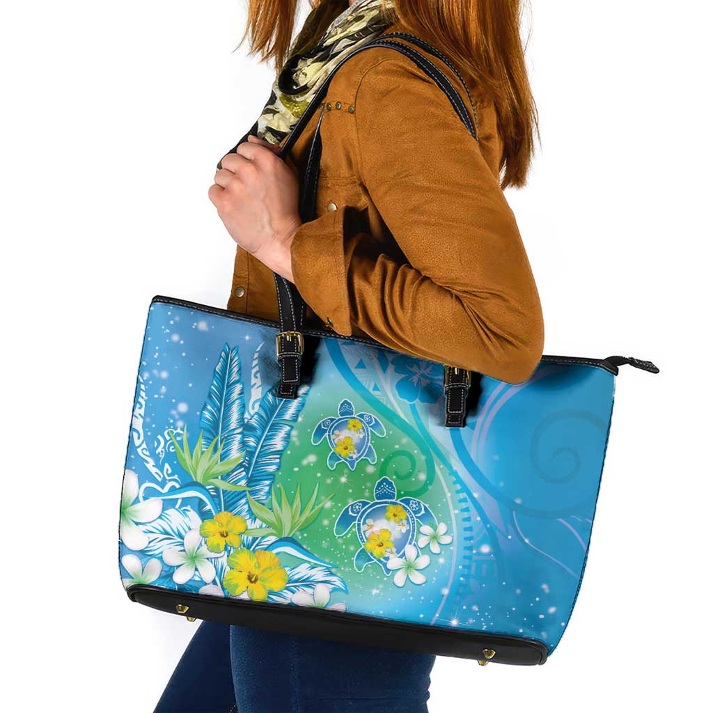 Hawaii Honu Leather Tote Bag Tropical Flowers Blue Gradient