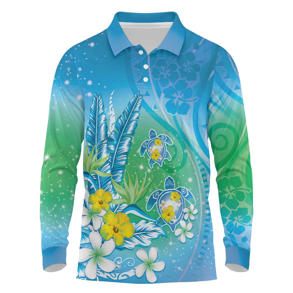 Hawaii Honu Long Sleeve Polo Shirt Tropical Flowers Blue Gradient