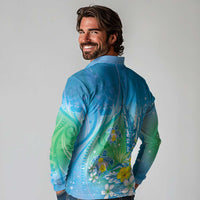 Hawaii Honu Long Sleeve Polo Shirt Tropical Flowers Blue Gradient