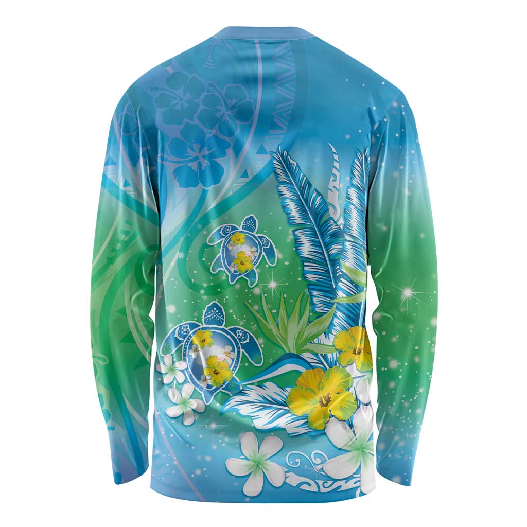 Hawaii Honu Long Sleeve Shirt Tropical Flowers Blue Gradient