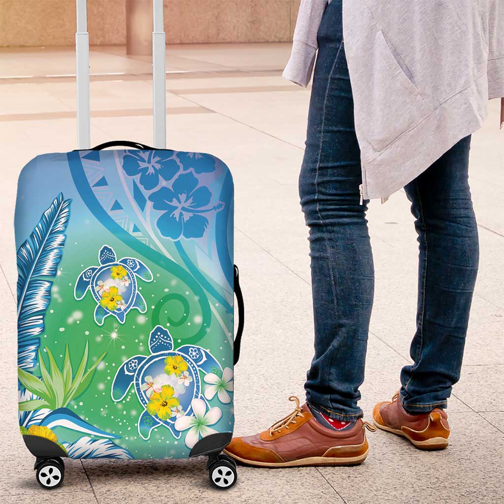 Hawaii Honu Luggage Cover Tropical Flowers Blue Gradient